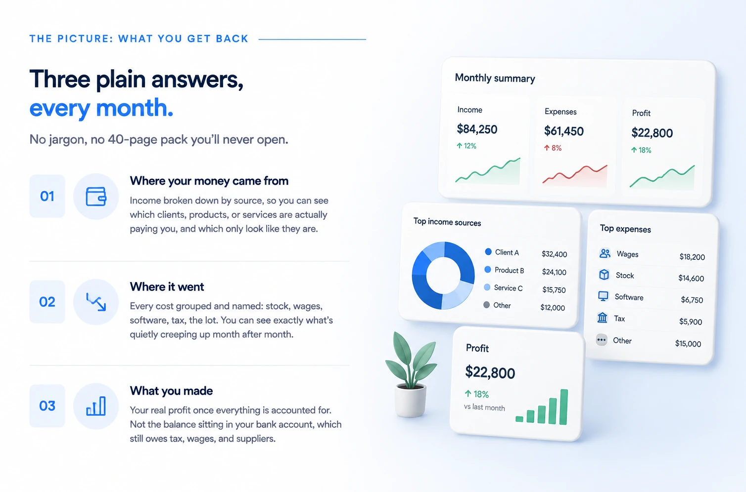 The picture: what you get back. Three plain answers every month - where your money came from, where it went, and what you made.